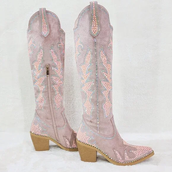 Sparks Country Western Cowgirl Knee Boots Dazzleing Iridescent Rhinestones Pink